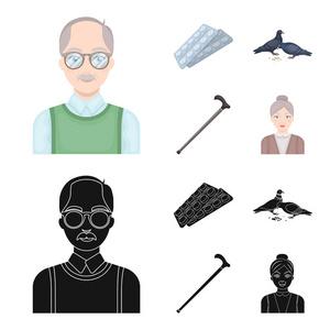 老人, 片剂, 鸽子, 拐杖。老年集图标卡通, 黑色风格矢量符号股票插画网站
