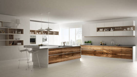 白色现代简约厨房, 配有古典木制配件, 全景窗, 豪华室内设计