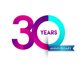 30年纪念庆祝紫色标志与蓝色丝带。生日派对矢量设计模板