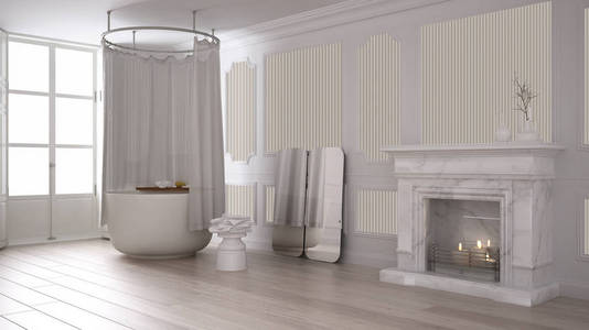 老式浴室在经典的空间与旧壁炉和实木复合地板, 现代室内设计