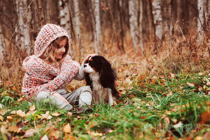 快乐的孩子女孩玩她的骑士国王查尔斯猎犬狗在秋季在阳光明媚的花园或