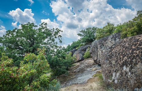 花岗岩 Arbuzinka 岩石在峡谷附近的 Aktovo 村, 在 Mertvovod 河在乌克兰。欧洲自然奇观之一