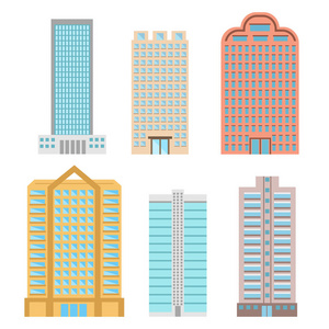 大厦和现代城市房子平的向量图标, 股票载体
