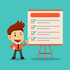 矢量卡通商人持有一支钢笔和完成的检查板上的设计照片