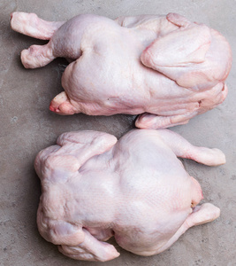 两只生在灰色背景上的生物鸡。顶部视图。饮食食品