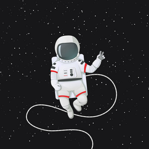 矢量插图。宇航员在空间与绳索做和平或 v 标志, 手势。背景上有星星的黑暗空间