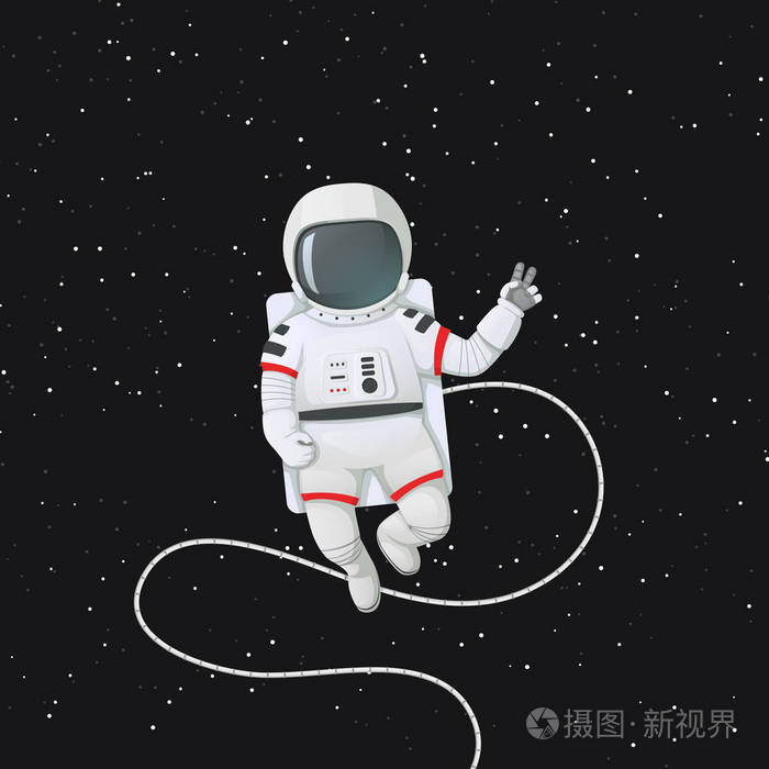 矢量插图 宇航员在空间与绳索做和平或v 标志 手势 背景上有星星的黑暗空间插画 正版商用图片04v4tn 摄图新视界
