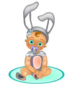 可爱的婴儿穿着兔子服装。矢量插图