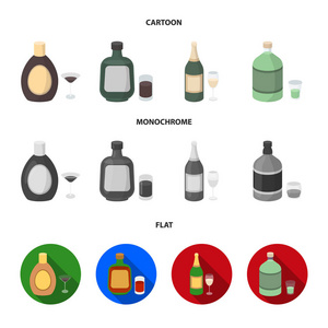 酒巧克力, 香槟, 苦艾酒, 草药甜酒。酒精集合图标在卡通, 平, 单色风格矢量符号股票插画网站