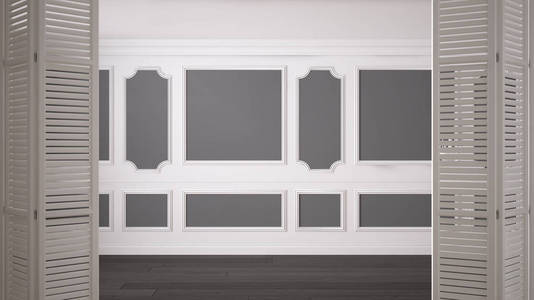 白色折叠门开放在经典的空空间与灰泥造型和镶木地板, 老式室内设计