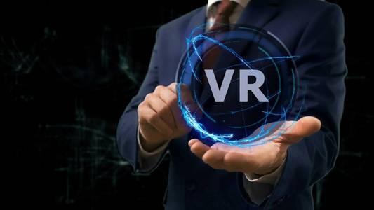 商人展示概念全息图 Vr 在他的手上