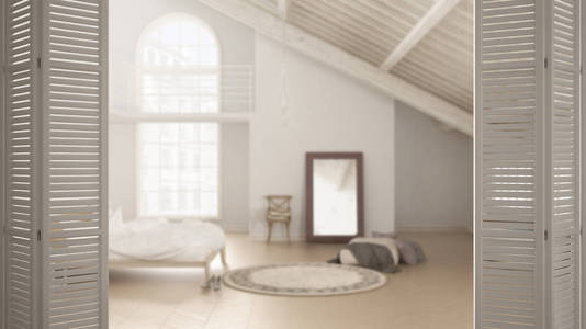在斯堪的纳维亚的卧室, 白色折叠门开放, 木梁阁楼, 白色室内设计, 建筑师设计理念, 模糊背景