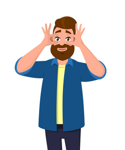 年轻人在观察.男子广泛睁开眼睛, 用手惊讶和惊讶的表情插画