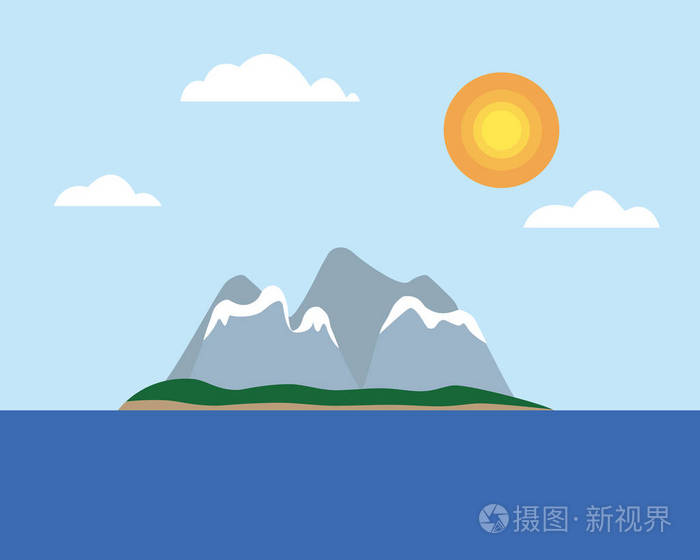 在海的中间在蓝色天空之下与太阳和云彩-平的设计载体插画-正版商用
