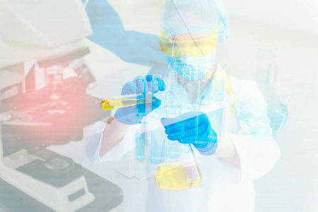 实验室的研究科学家, 科学, 化学, 技术, 生物学, 双重曝光概念照片