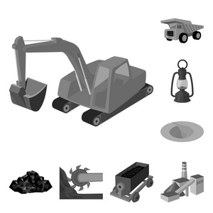 挖掘工业中的单色图标集的设计。设备和工具矢量符号库存 web 插图
