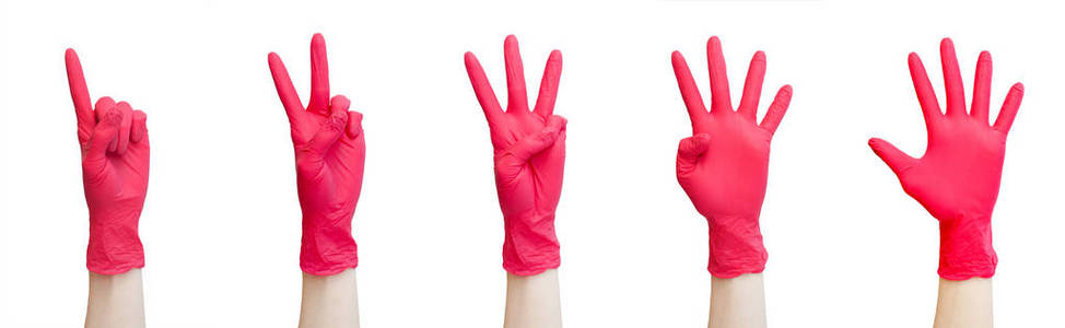 用红色的医疗手套做的记号。手指符号一二三四五。被隔离在白色。健康, 维生素, 疫苗, 医疗商店, 药房, 康复, 适当的营养概念