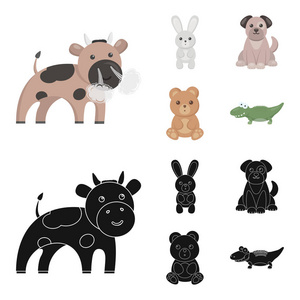 一个不切实际的卡通, 黑色动物图标在集合为设计。玩具动物矢量符号股票 web 插图