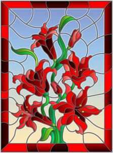 插图在彩色玻璃风格的红色百合树枝在天空背景下, 在明亮的框架中的垂直图像