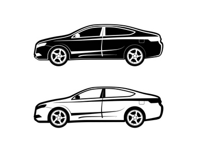 轿车图标从侧面视图中设置为黑白相间。矢量插图在 Eps 10