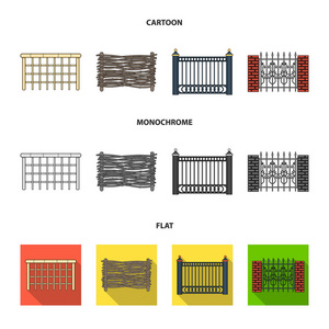 一块金属和砖块的栅栏, 木栅栏。一个不同的围栏集合图标在卡通, 平面, 单色风格矢量符号股票插画网站