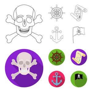 海盗, 强盗, 舵, 旗帜。海盗集合图标的轮廓, 平面风格矢量符号股票插画网站