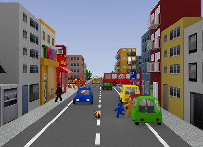城市看法以交通情况 孩子演奏。3d 渲染