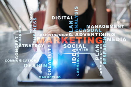 市场营销业务概念在虚拟屏幕上。词云