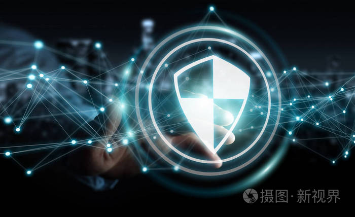 商人在模糊的背景使用盾安全保护与连接3d 渲染