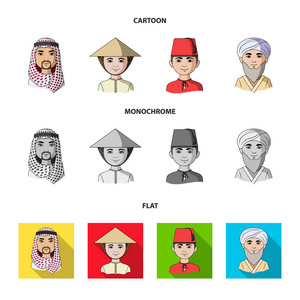 阿拉伯, 土耳其, 越南, 中亚人。人族集合图标在卡通, 平, 单色矢量符号股票插画网站