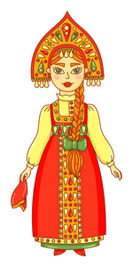 女性在传统俄国衣裳 sarafan 和 kokoshnik 涂鸦卡通矢量字符