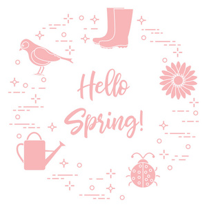 橡胶靴, 鸟, 花, 浇水罐头, 瓢虫。词组 你好春天。用于设计打印的模板