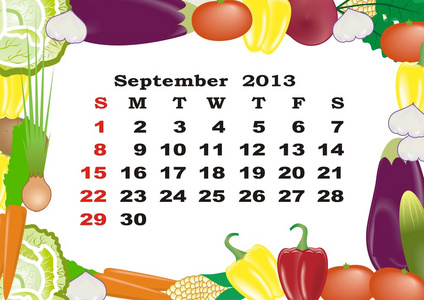 9 月每月的日历 2013年蔬菜具有框架中