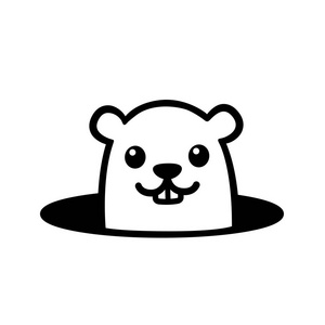 龅牙可爱的卡通土拨鼠从地面上的洞看.土拨鼠日例证.简单黑白绘图照片