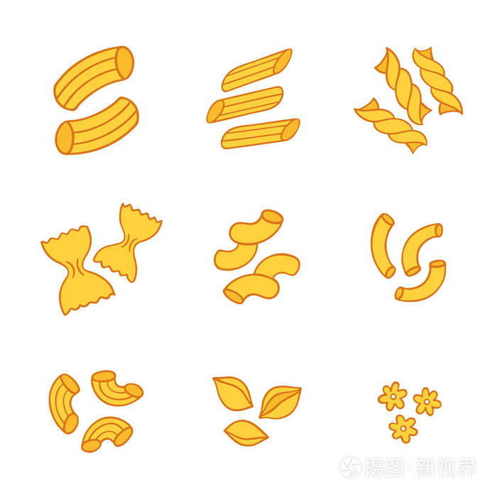 插画 意大利面食类型设置, 不同形状的通心粉.手绘隔离矢量图.eps