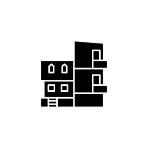 现代别墅黑图标概念。现代别墅平面矢量符号符号插图