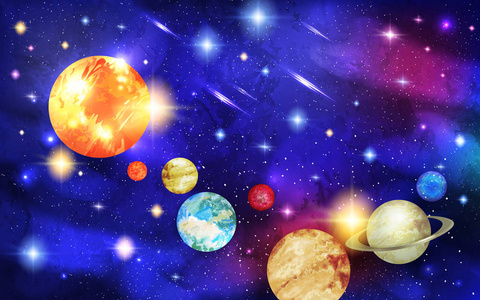 太阳系, 水星和金星, 地球和火星, 木星和土星, 天王星和海王星在太空中