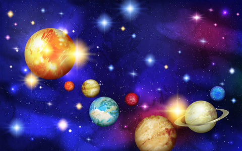 太阳系, 水星和金星, 地球和火星, 木星和土星, 天王星和海王星在太空中