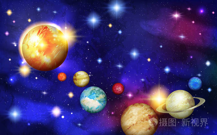 太阳系 水星和金星 地球和火星 木星和土星 天王星和海王星在太空中插画 正版商用图片04w3k1 摄图新视界