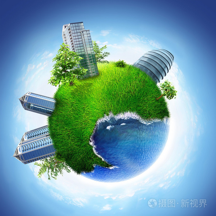 绿色星球和海洋上的建筑. 商业世界的概念.