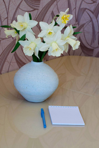 桌子上花瓶上的白色水仙花。春水仙