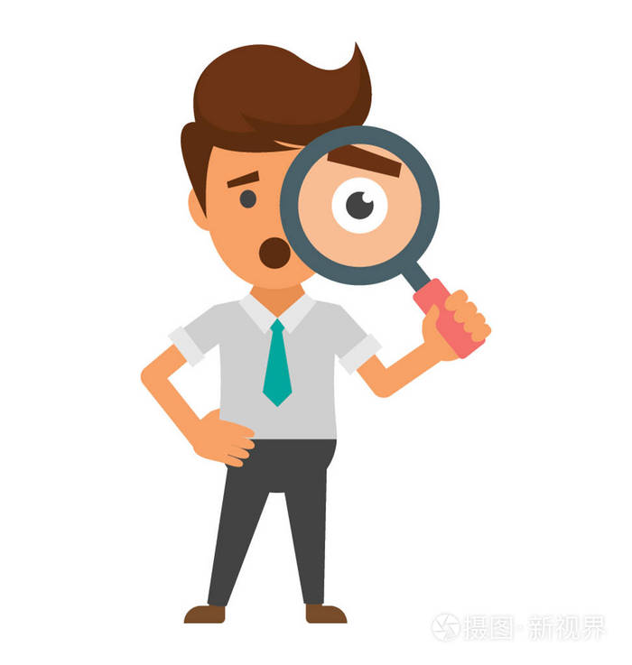 一个穿着正式服装的商人通过放大镜呈现分析概念