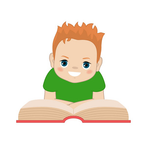 男孩读书。在白色背景上隔离的卡通风格插图