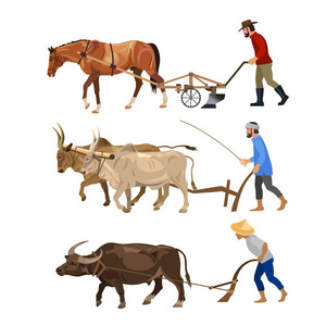 农夫用各种各样的动物犁土地-马, 牛, carabao.