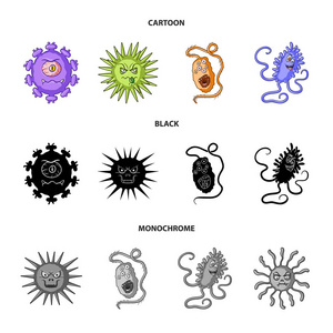 不同类型的微生物和。和细菌集合图标在卡通, 黑色, 单色风格矢量符号股票插画网站