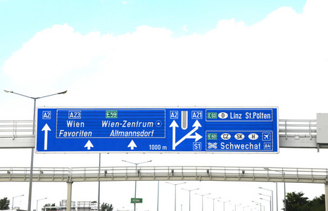 奥地利高速公路的路标与许多叉子去许多国家包括德国捷克共和国斯洛伐克匈牙利