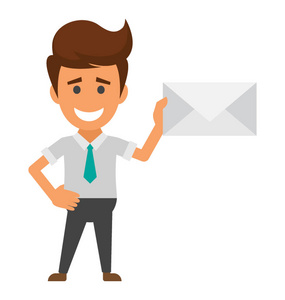 快乐的人头像在办公室敷料与信封在手, 站在愉快照片