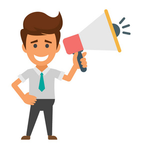 卡通播报喇叭一个商人的卡通人物持有喇叭扬声器作出重要的商业公告