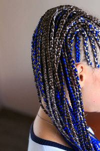 细辫子聚集在尾部, 蓝色的头发, 非洲风格