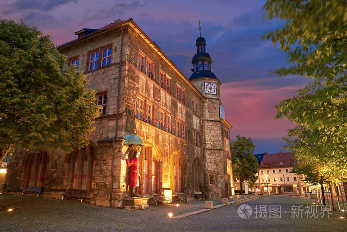 莫斯丹塔 Nordhausen 市政厅日落市政厅与罗兰图在图林根州德国